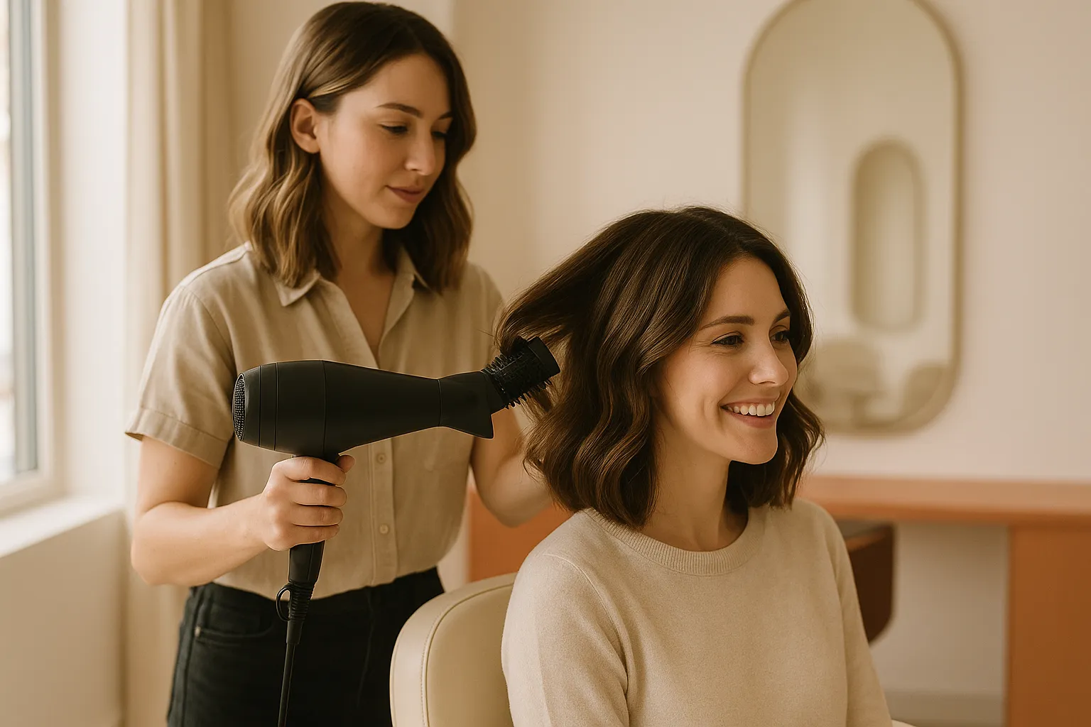 Stylistka modeluje włosy klientki w jasnym salonie fryzjerskim