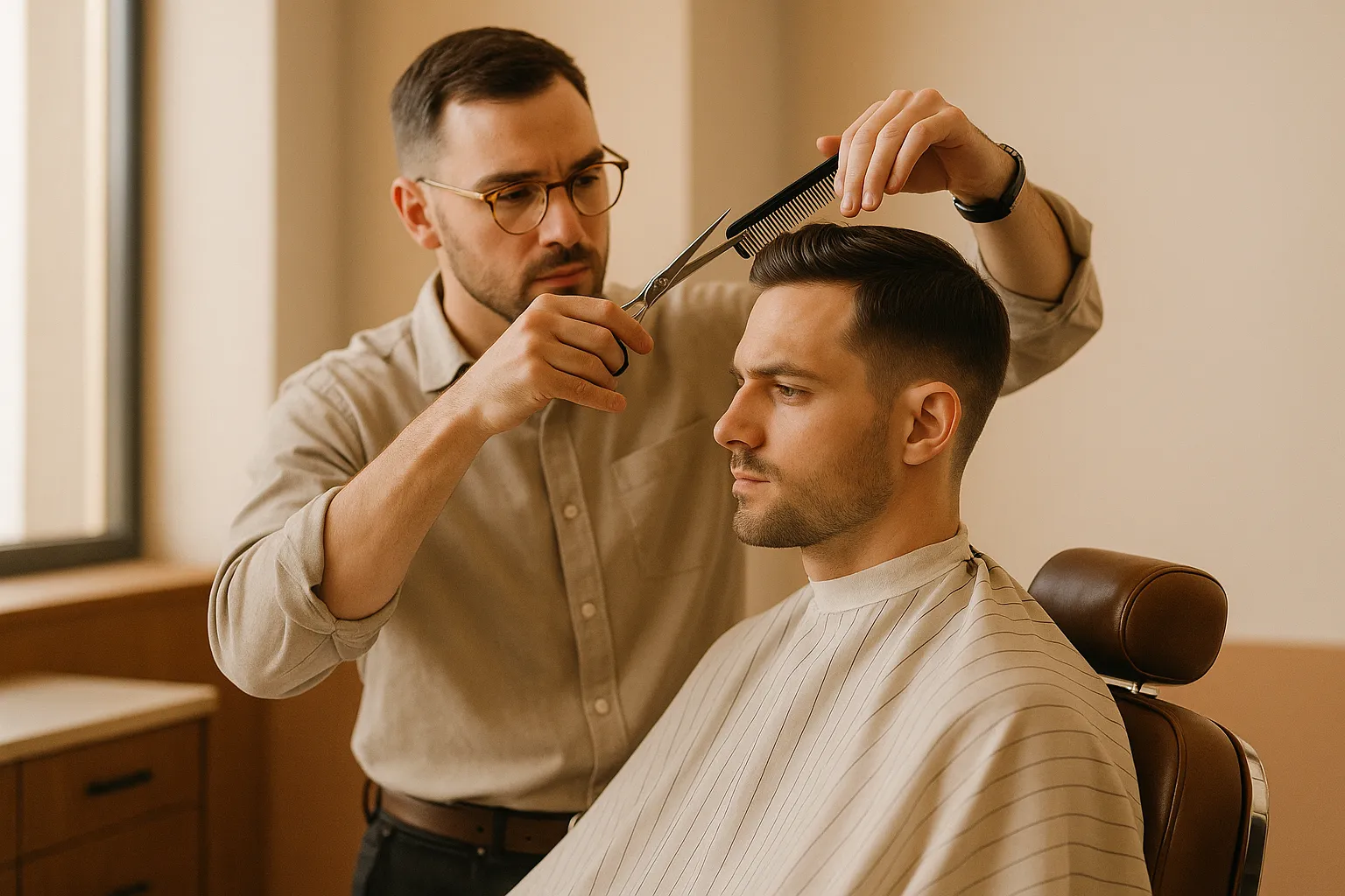 Barber wykonuje precyzyjne strzyżenie męskie w nowoczesnym barbershopie