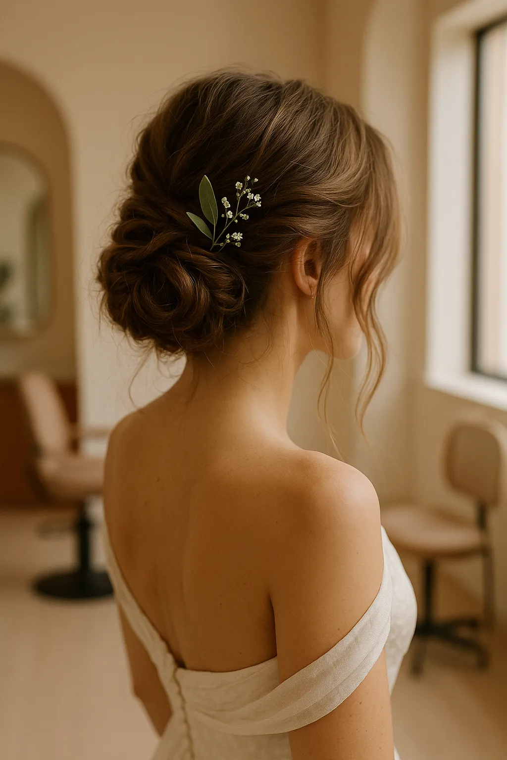 Luźne upięcie boho z naturalną teksturą i ozdobą z gałązek